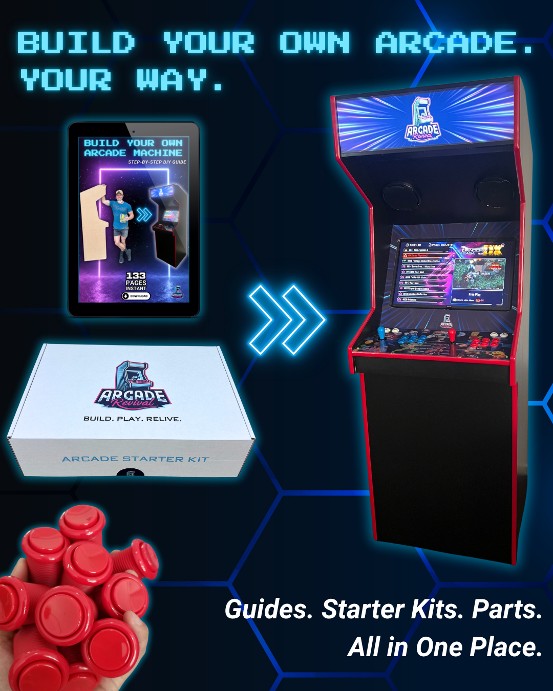 Mobile website banner showing the Arcade Revival build guide transforming into a full arcade cabinet, with tagline 'Build Your Own Arcade. Your Way.' and a 133-page step-by-step DIY guide.