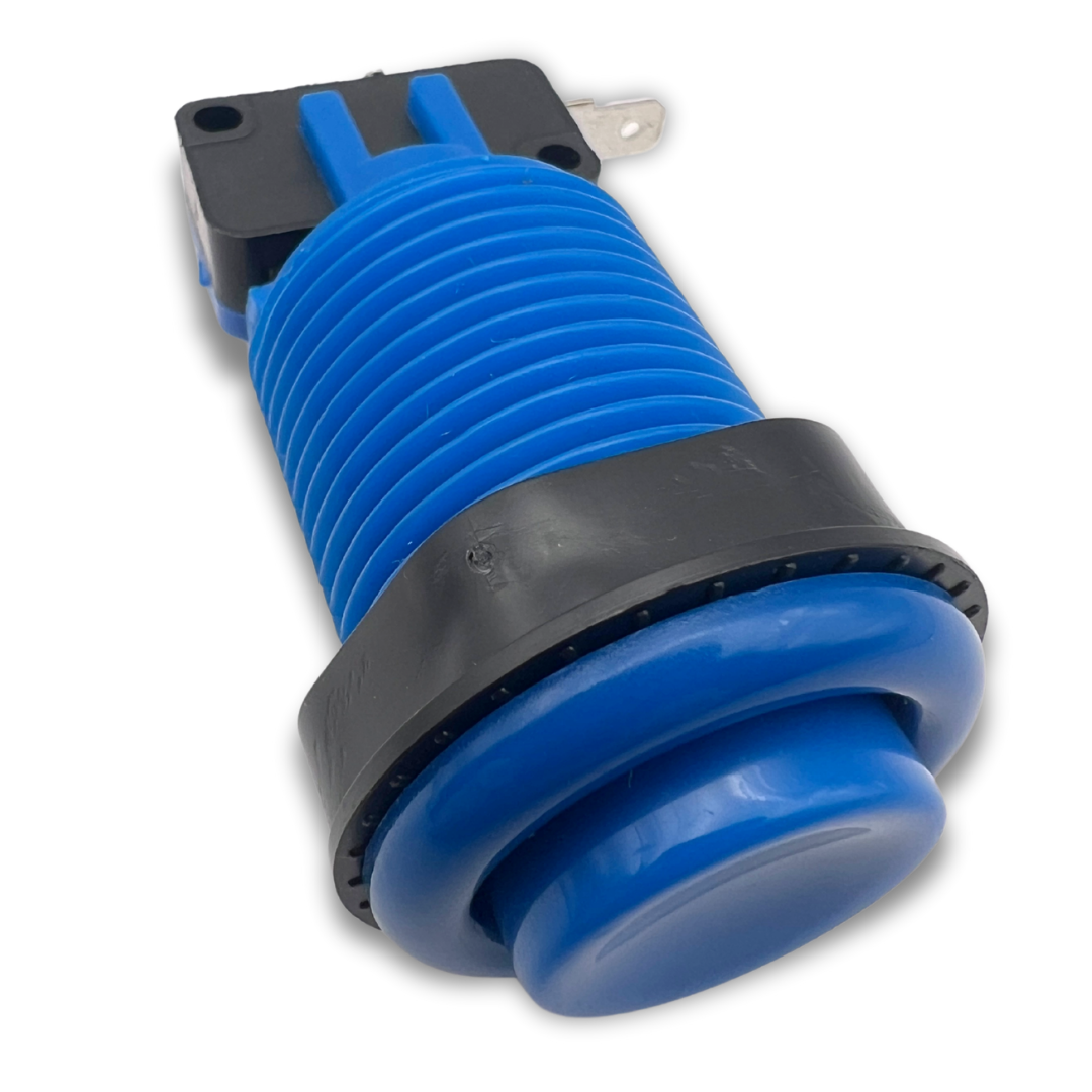 Blue arcade button angled front view with black trim