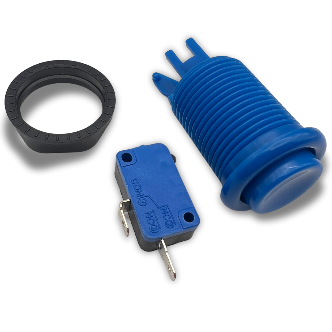 Disassembled blue arcade button, microswitch, and nut