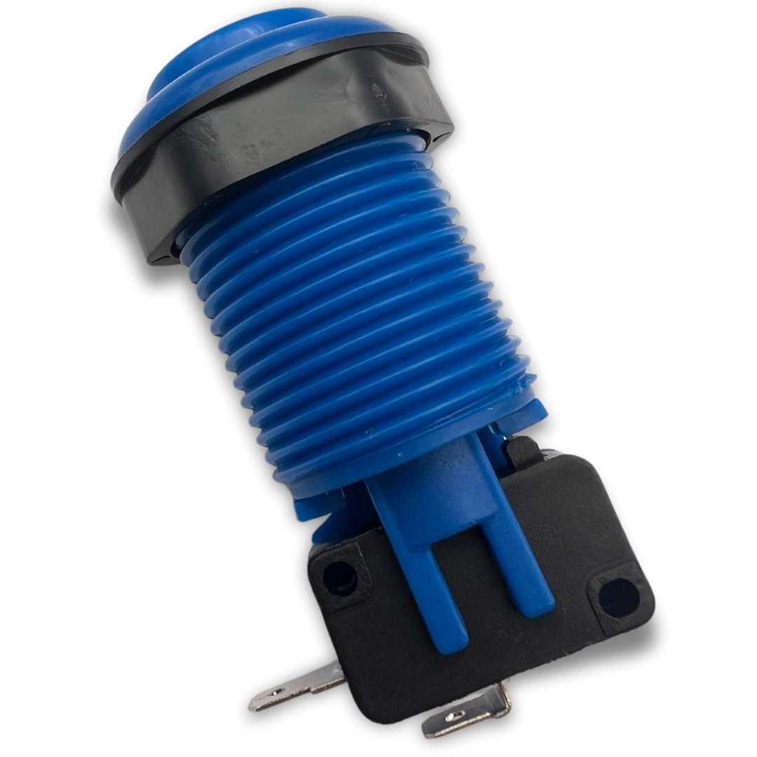 Rear side view of blue arcade button with black base