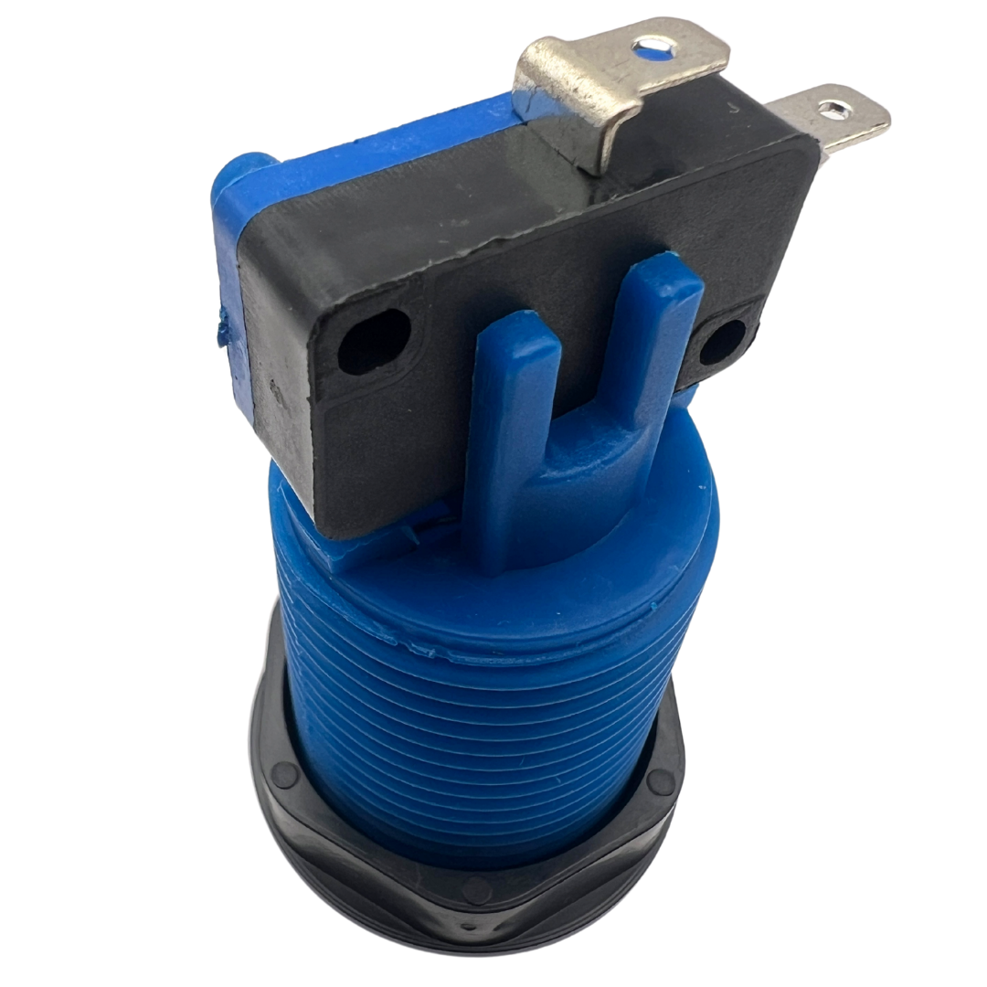 Top rear view of blue arcade button and microswitch