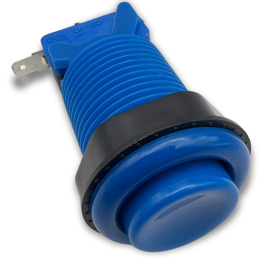 Blue arcade button side view with microswitch attached