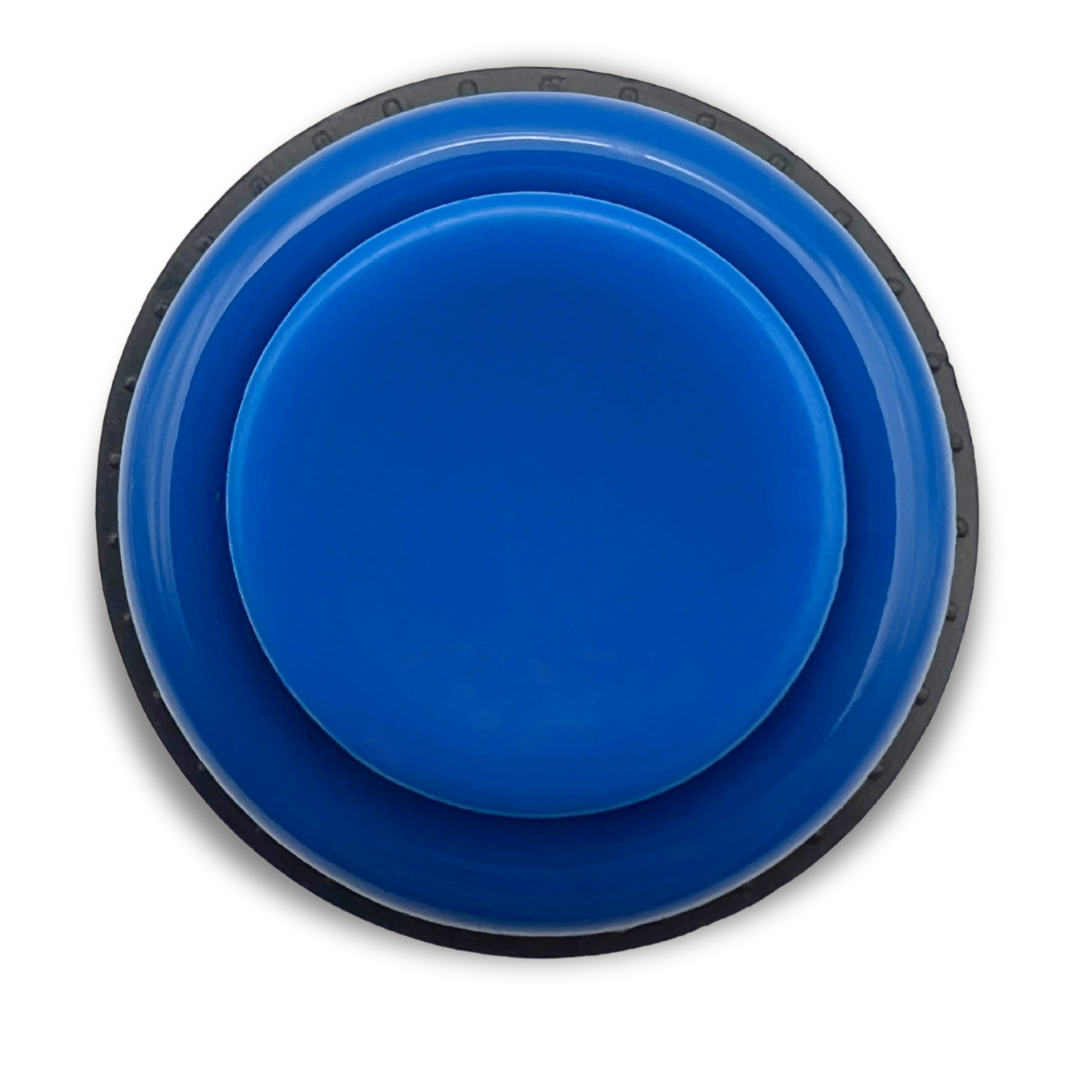 Blue arcade button top view showing concave surface