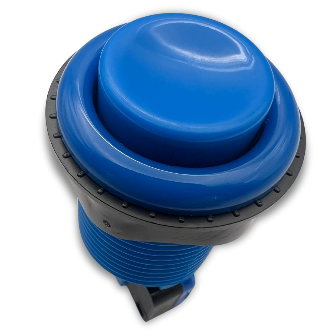 Angled close-up of blue arcade button and black trim
