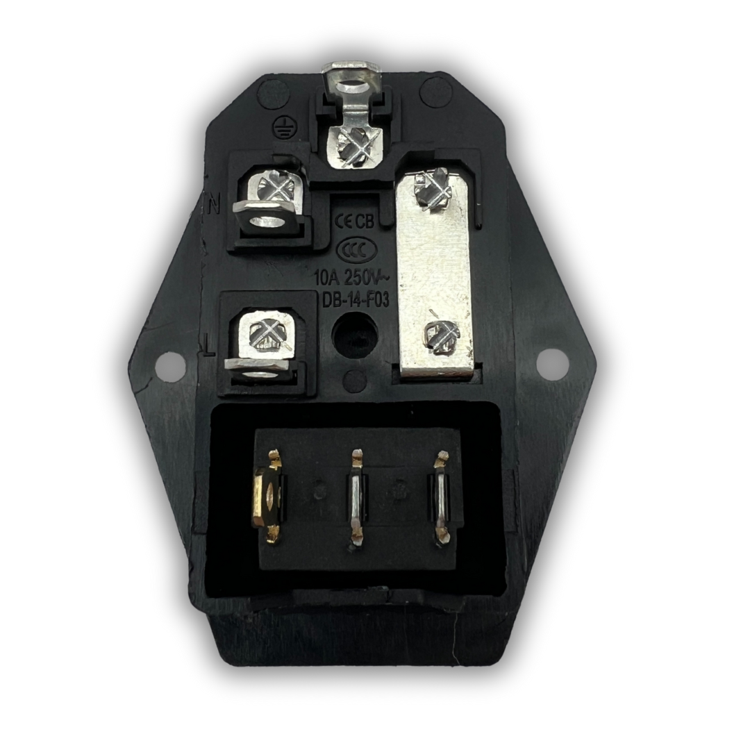 Back view of Arcade Revival C14 power inlet switch – shows terminal pins for arcade wiring