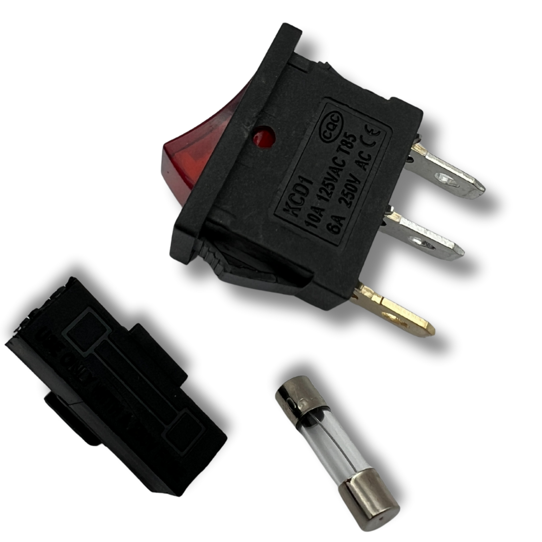 Disassembled components of Arcade Revival’s C14 fused switch kit for arcade builds