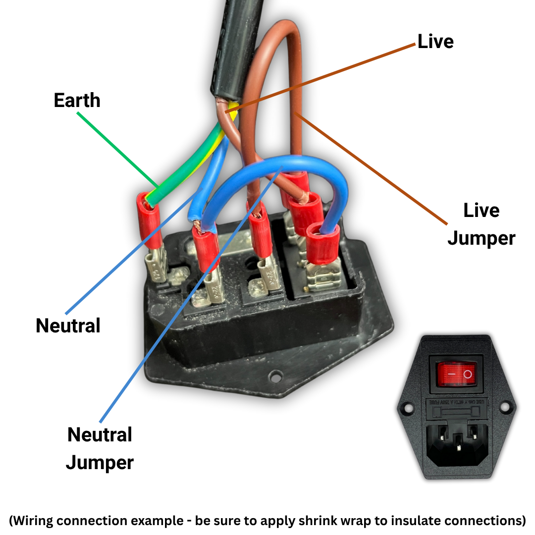 C14 switch wiring diagram showing live, neutral, jumper, and earth wire connections for arcade builds – Arcade Revival.