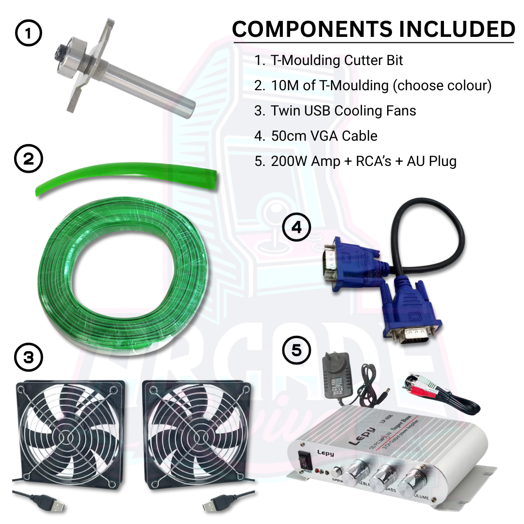 Arcade Revival arcade machine build components including T-moulding cutter bit, 10m of T-moulding, twin USB cooling fans, 50cm VGA cable, and 200W amplifier with RCA cables and AU plug.