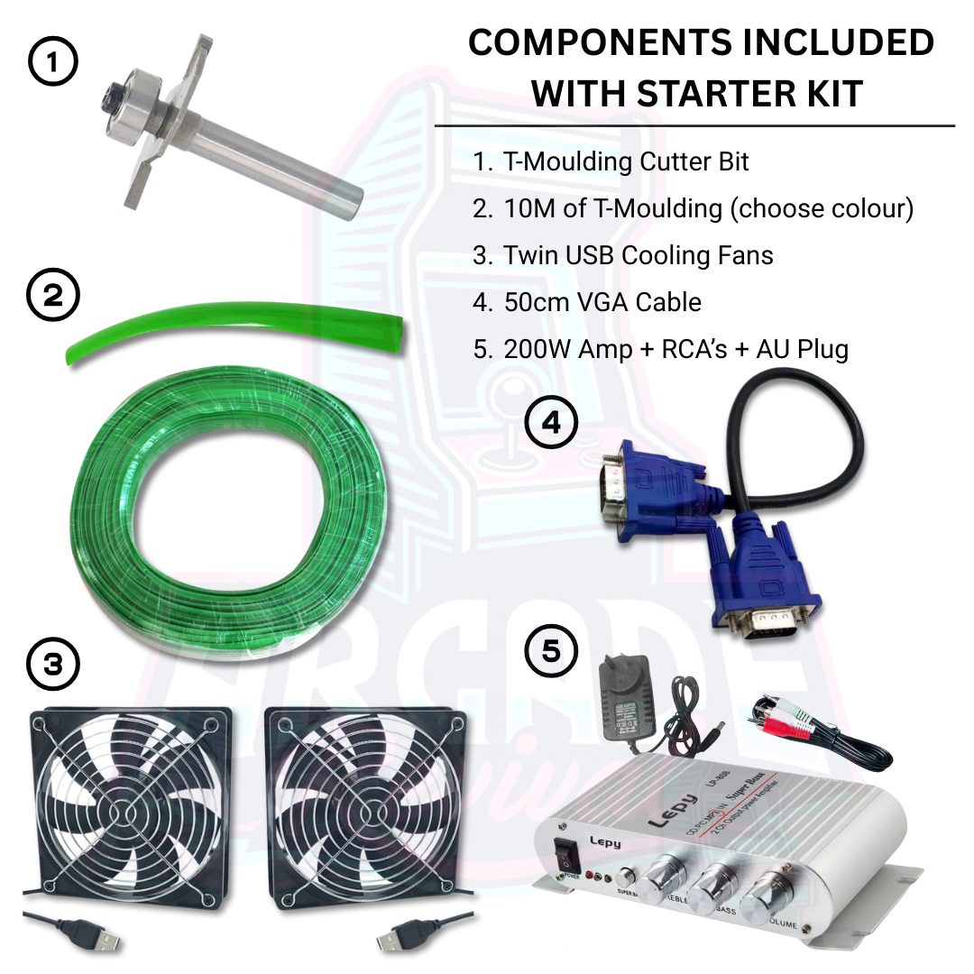 Arcade Revival arcade machine build components including T-moulding cutter bit, 10m of T-moulding, twin USB cooling fans, 50cm VGA cable, and 200W amplifier with RCA cables and AU plug.