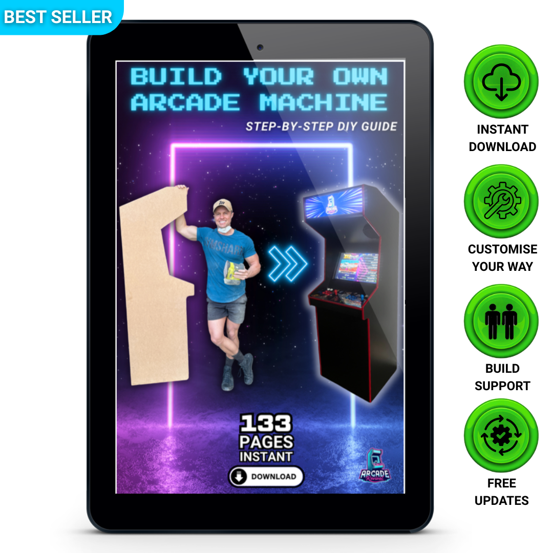 Tablet mockup of Arcade Revival’s Build Your Own Arcade Machine guide, with trust badges for instant download, customisation, build support, and free updates