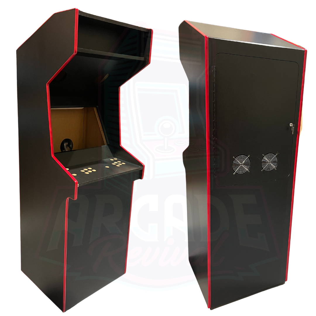 Finished panels black arcade machine cabinet with red T-moulding, shown from front and back views, built using Arcade Revival plans.