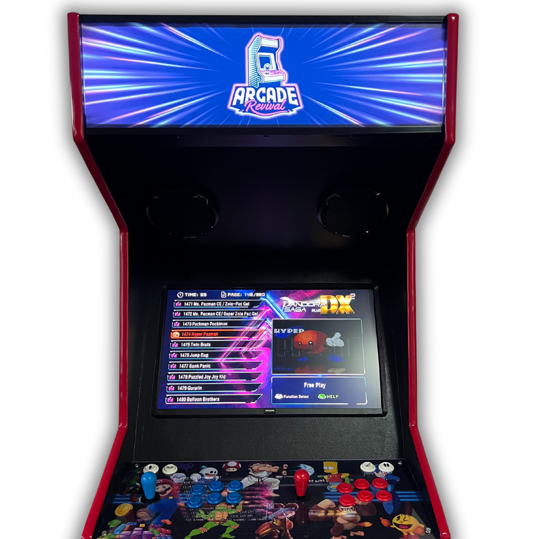Fully assembled Arcade Revival arcade machine powered on, featuring Pandora DX2 game menu, custom control panel artwork, and light-up marquee.