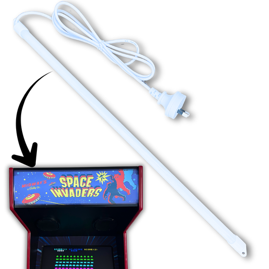 Arcade Revival LED marquee light bar mounted above Space Invaders marquee showing bright even illumination for arcade cabinets.