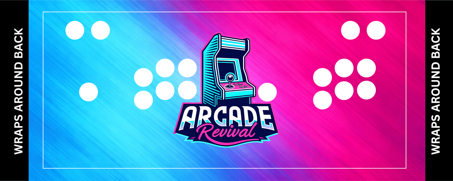 Arcade Revival Official Control Panel Overlay – vibrant neon gradient with logo and 2-player button layout.