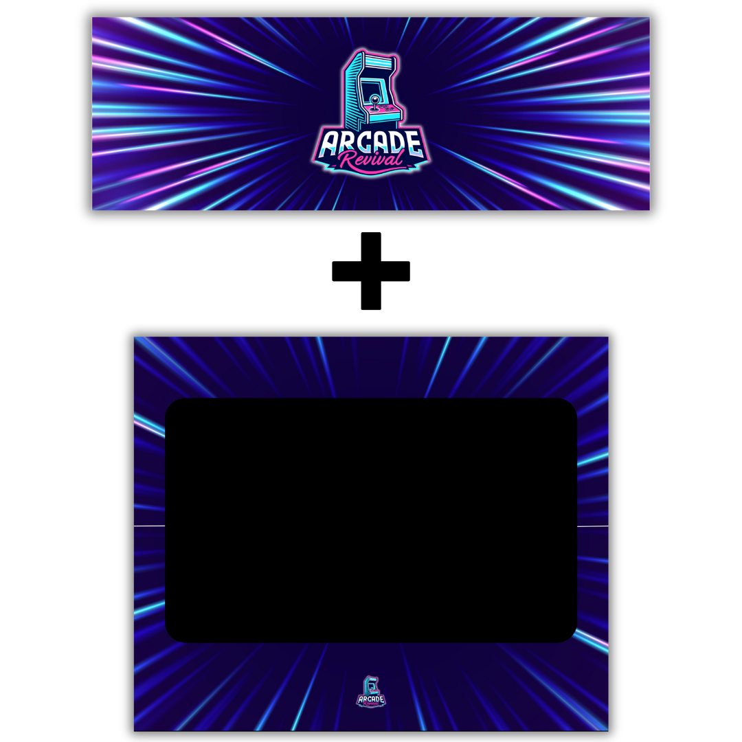 Arcade Revival official screen surround (bezel artwork) featuring a blue neon energy design with rounded corners and centered black screen area — designed for 24" arcade cabinets with 5 mm trim allowance and official Arcade Revival logo.