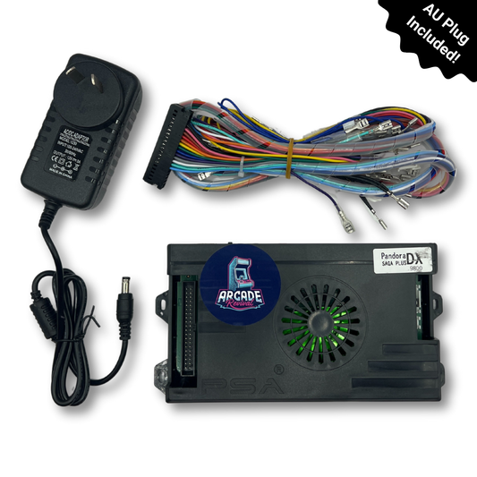 Pandora DX2 9800 arcade games unit with wiring harness and AU power adapter, available from Arcade Revival.