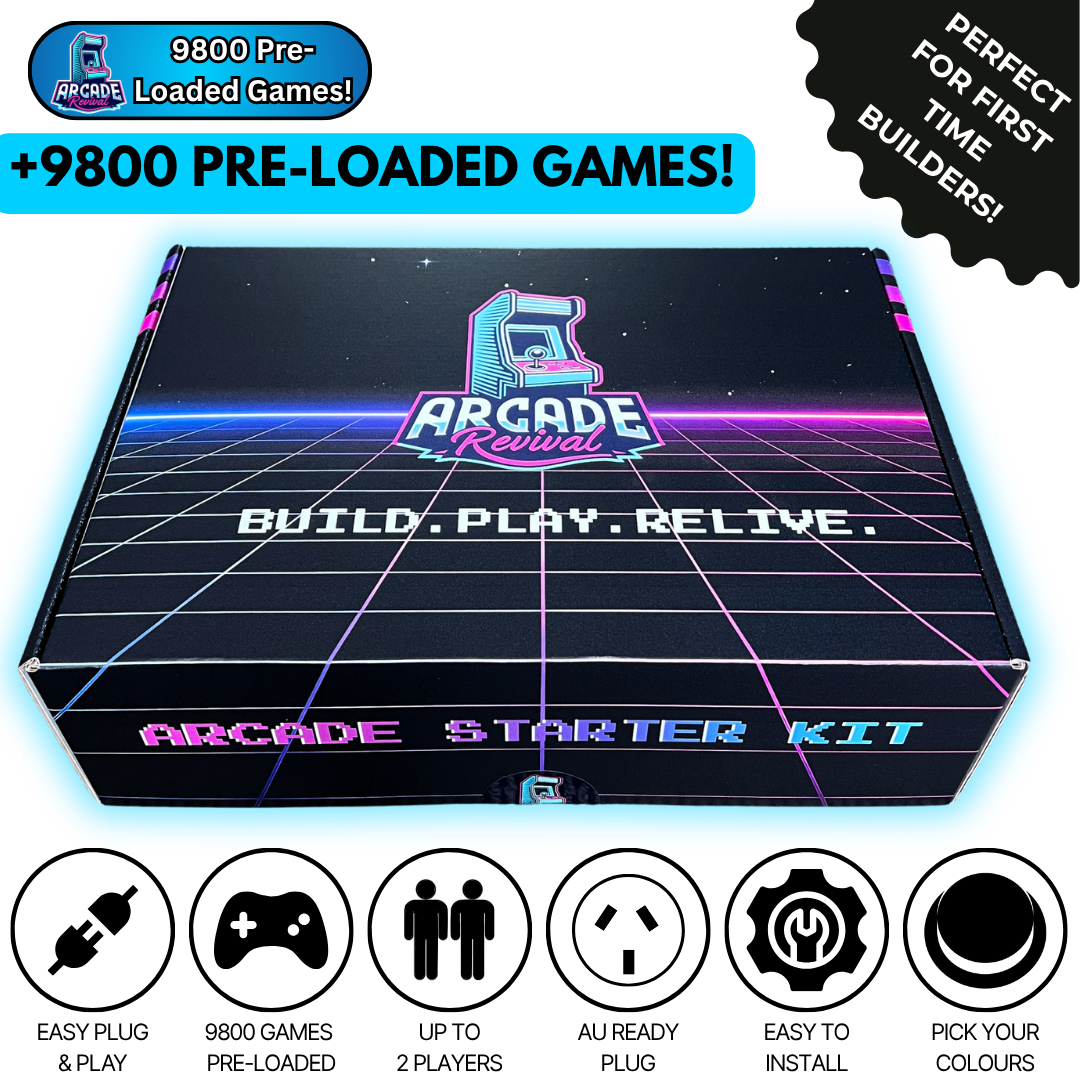Arcade Revival Starter Kit box with over 9800 pre-loaded arcade games, easy plug and play, AU plug, and icons showing two players. Perfect for first-time arcade builders.
