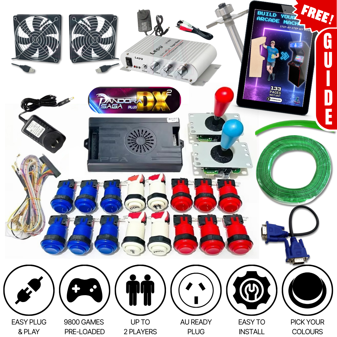 Complete arcade machine DIY kit by Arcade Revival featuring Pandora Saga DX2 console, 9800 preloaded games, 2 joysticks, arcade buttons, amplifier, wiring, cooling fans, T-moulding router bit, speaker cable, and AU power plug for 2-player setup including FREE build guide