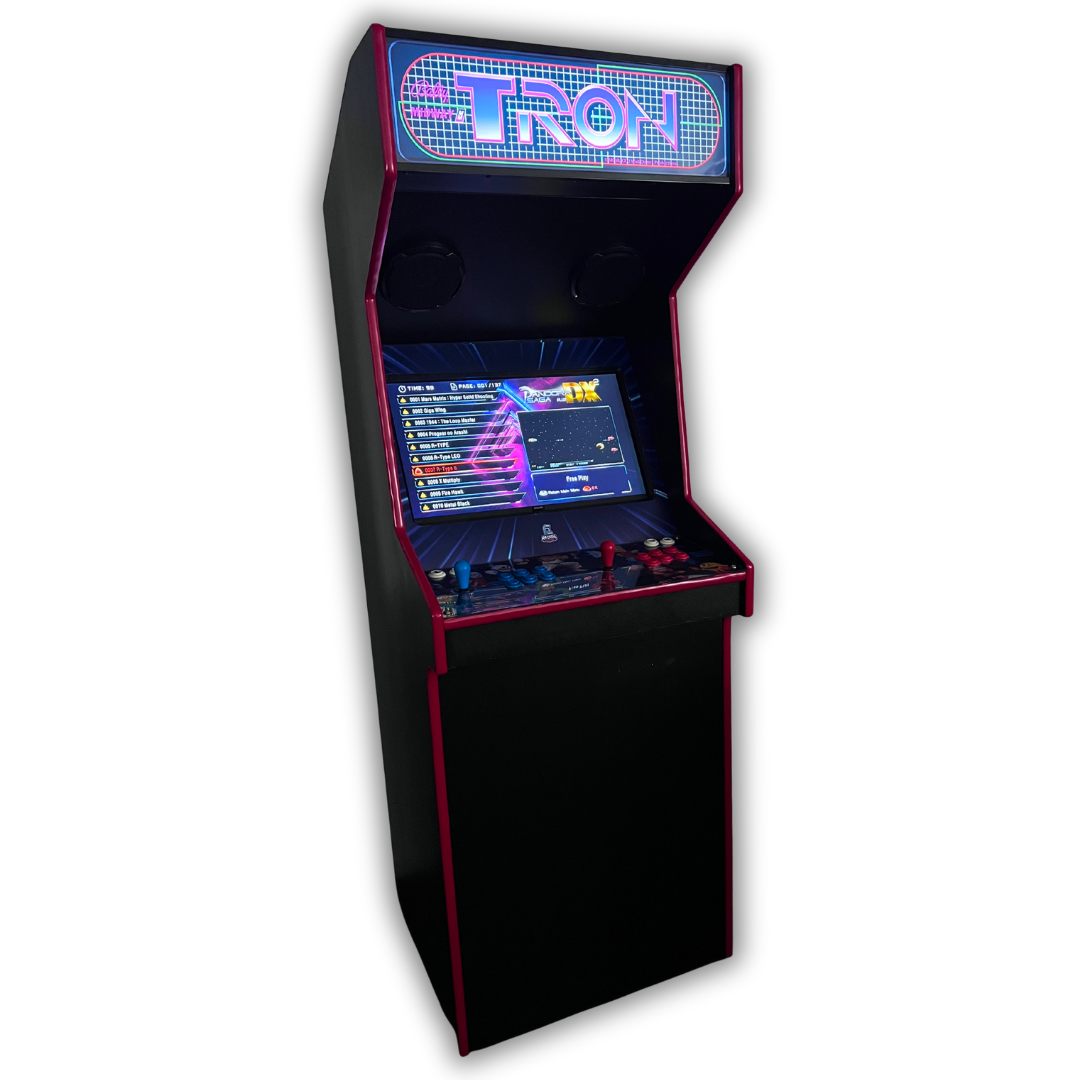 Full arcade machine shown at an angle with TRON reproduction marquee installed on an Arcade Revival cabinet.