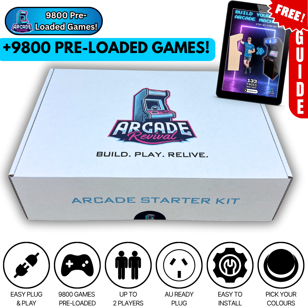Arcade Revival Starter Kit box showing 9800 pre-loaded arcade games with a free step-by-step arcade build guide included, plus easy installation icons and AU plug.