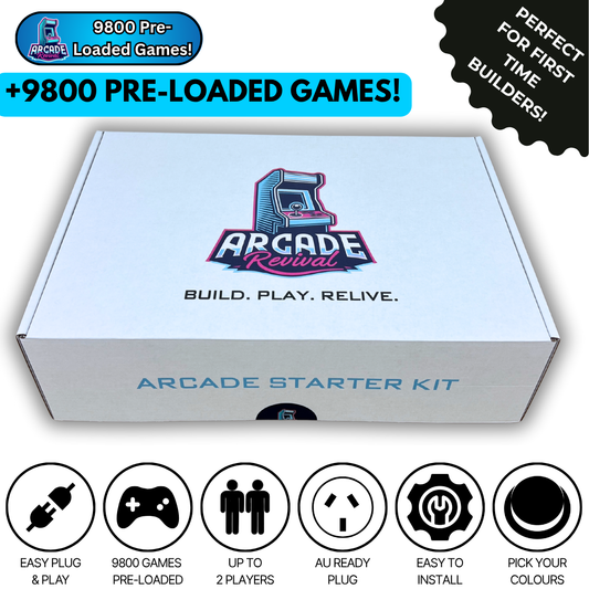 Arcade Revival Starter Kit box with over 9800 pre-loaded arcade games, easy plug and play, AU plug, and icons showing two players. Perfect for first-time arcade builders.
