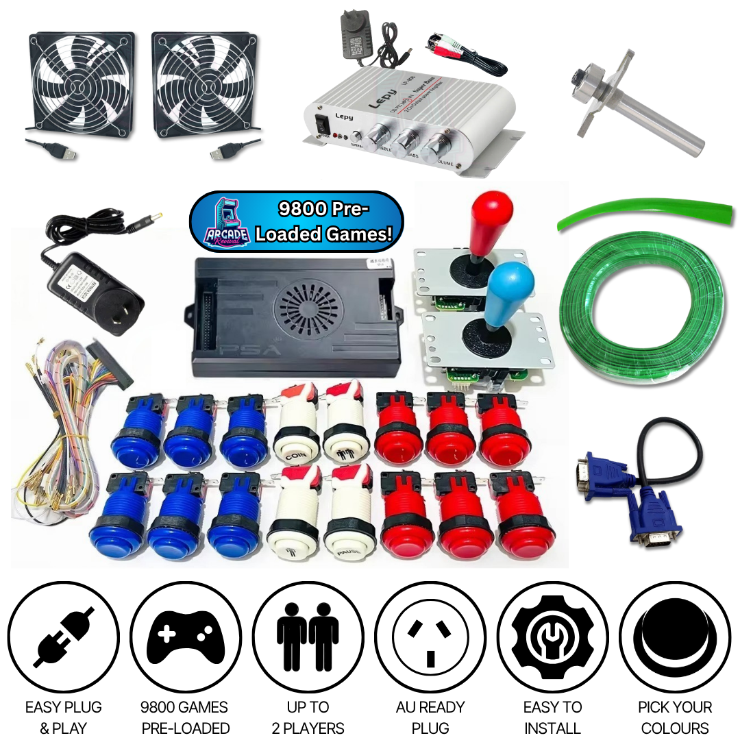 Arcade Revival Starter Kit components with 9800 pre-loaded arcade games, including buttons, joysticks, fans, amplifier, power supply, wiring, router bit, and plug icons showing easy plug and play, AU plug, and up to 2 players.