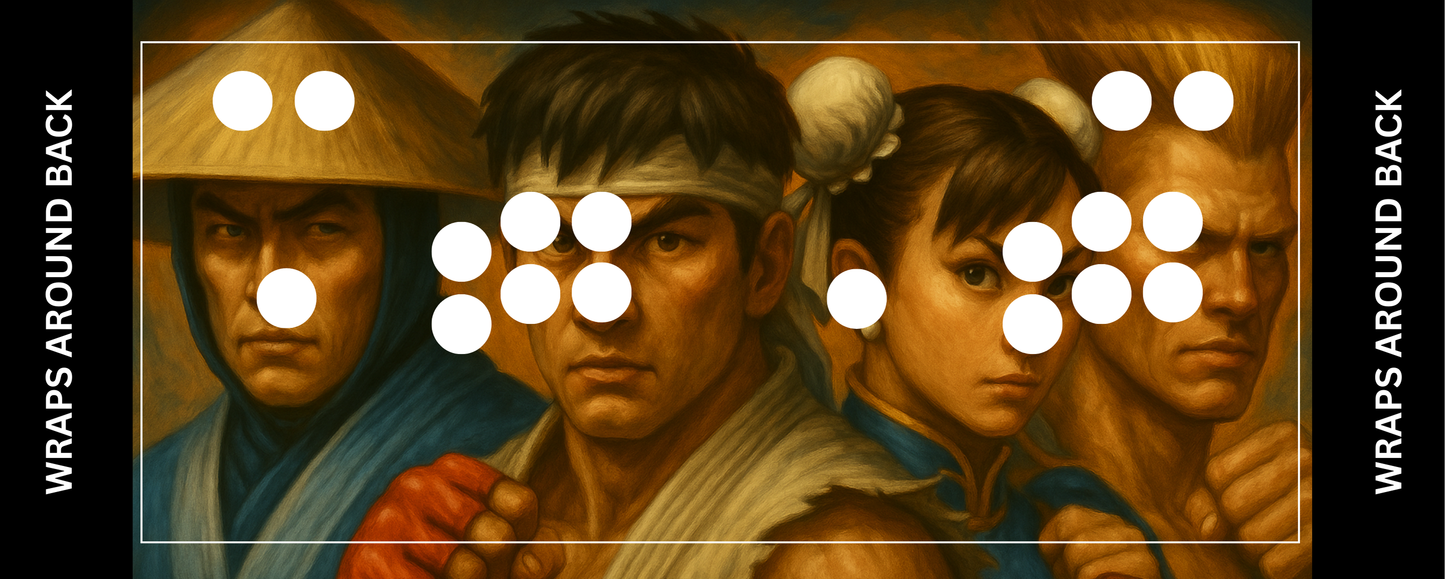 Arcade Warriors control panel overlay with button cutouts, fan art design of classic fighting game characters in a hand-painted style for arcade cabinet builds.