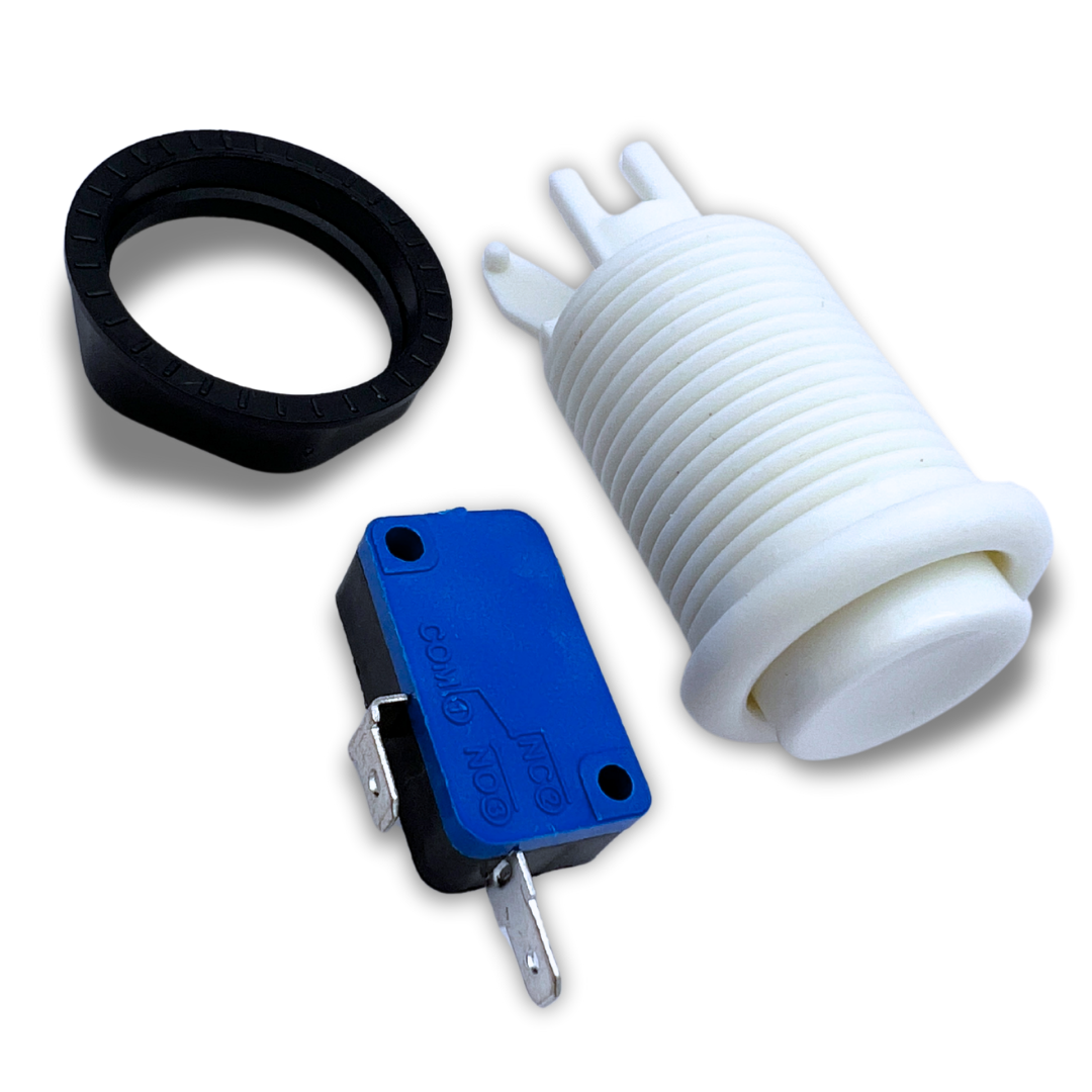Disassembled white arcade push button showing shell, switch, and ring