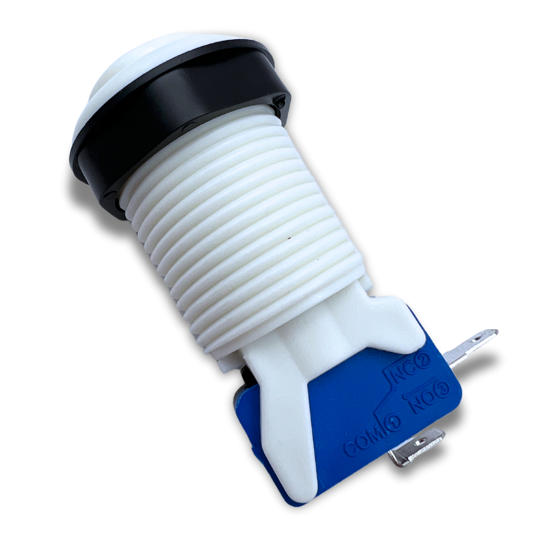 White arcade push button featuring blue micro switch, side view