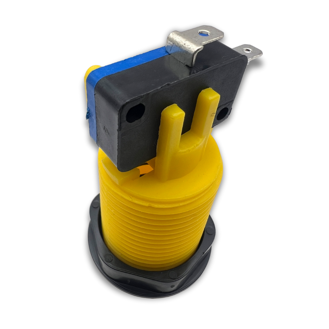 Back view of yellow arcade button with attached micro switch