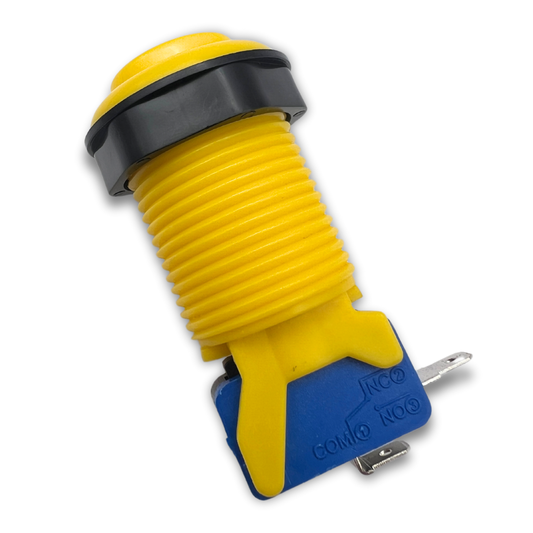 Yellow arcade push button with blue micro switch side view