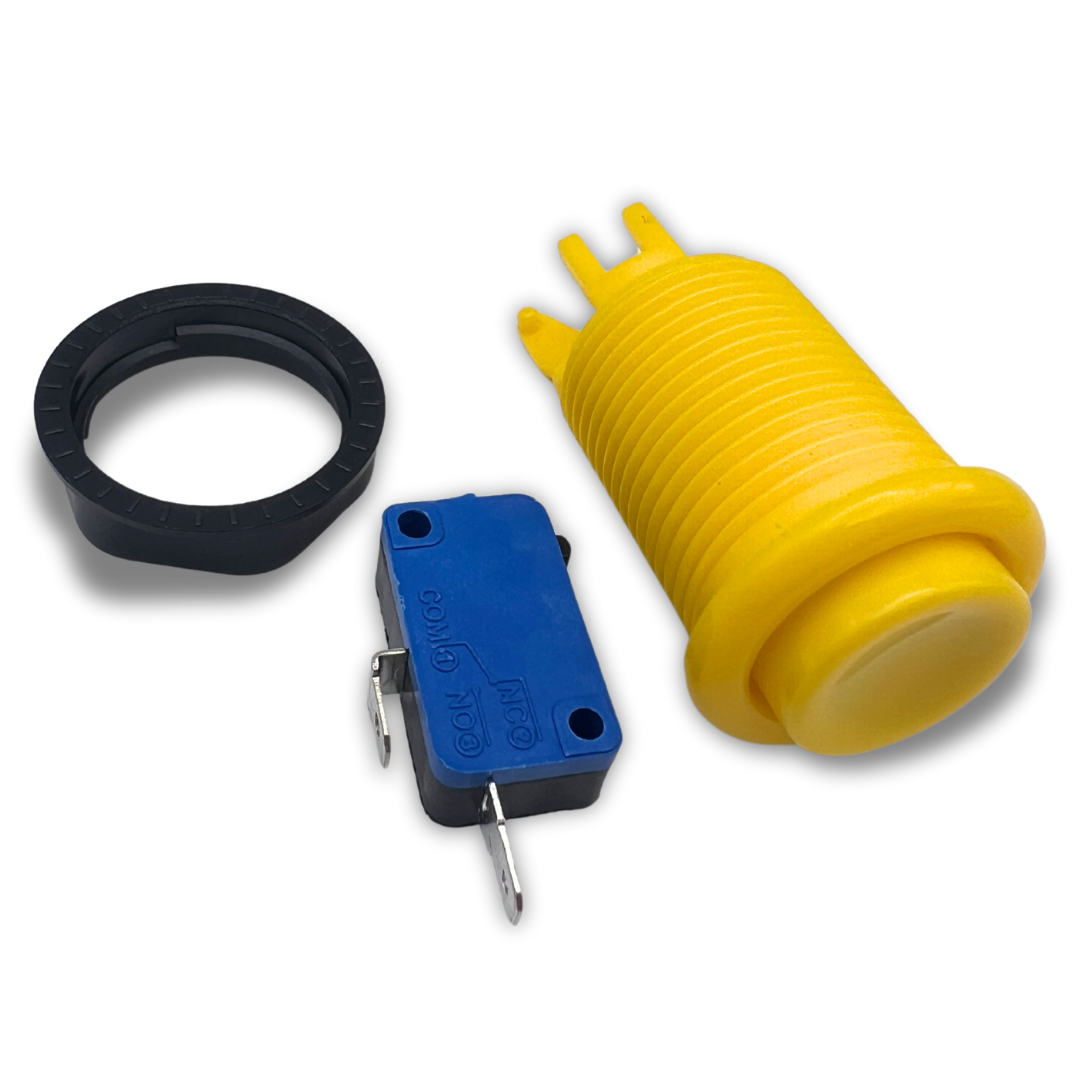 Disassembled yellow arcade push button with micro switch and ring