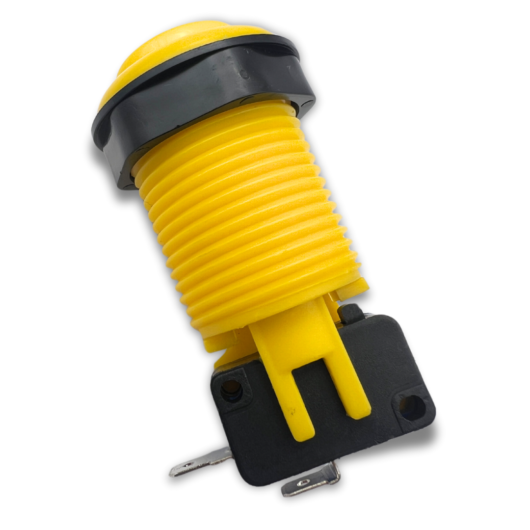 Yellow arcade push button with black micro switch side view