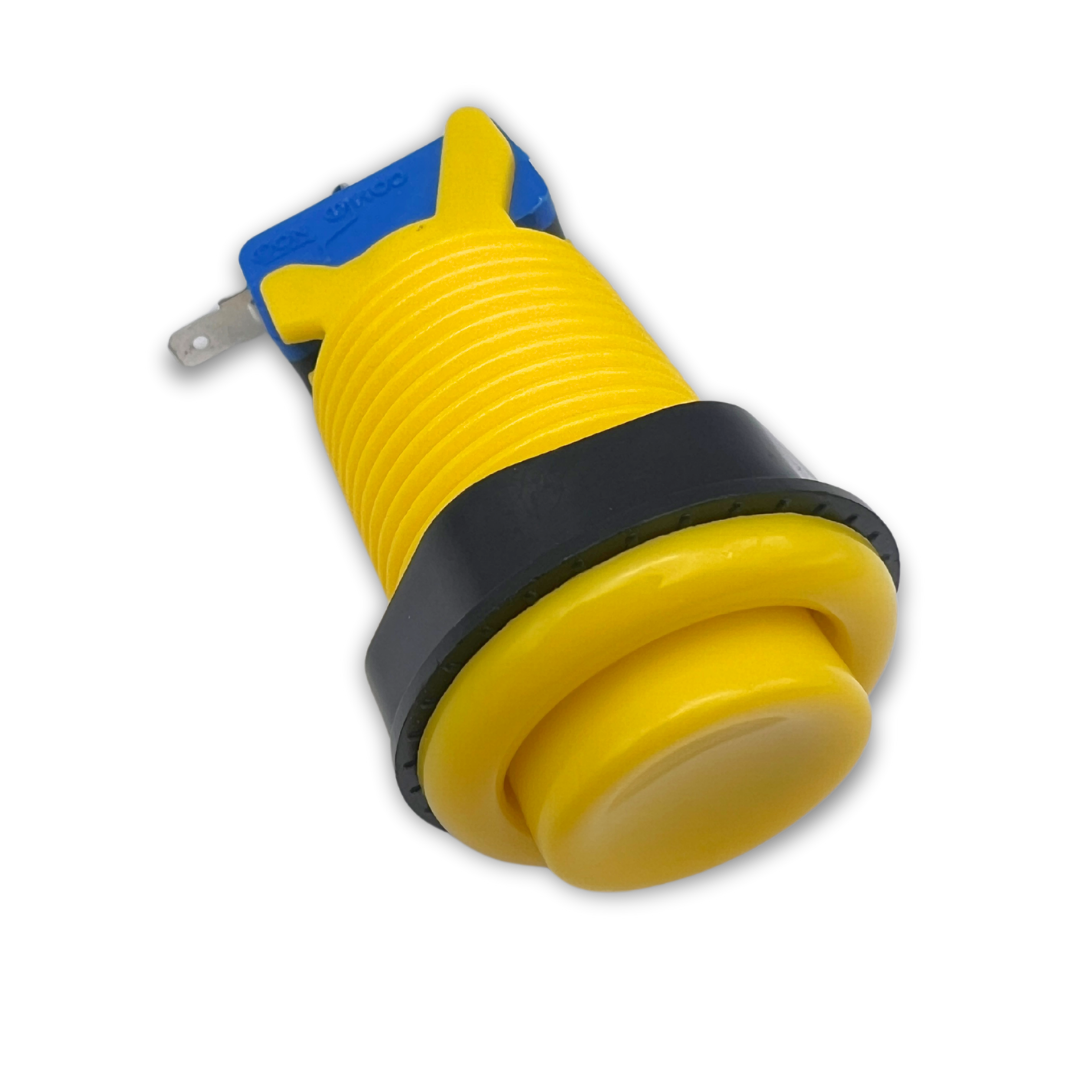 Yellow arcade push button with side view showing thread and micro switch