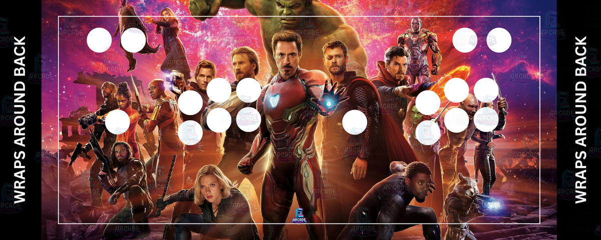 Avengers inspired arcade control panel overlay with 2 player button layout featuring Iron Man Captain America Thor Hulk Black Widow and Black Panther against a dramatic cosmic battle backdrop for DIY arcade cabinet builds.