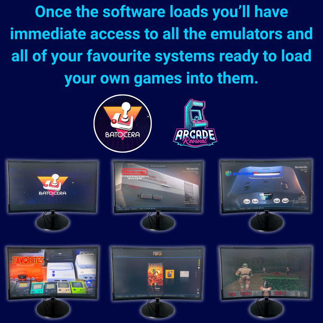 Batocera software interface showing emulators for retro consoles and systems, including NES, SNES, favorites menu, and Doom running on an arcade machine setup.