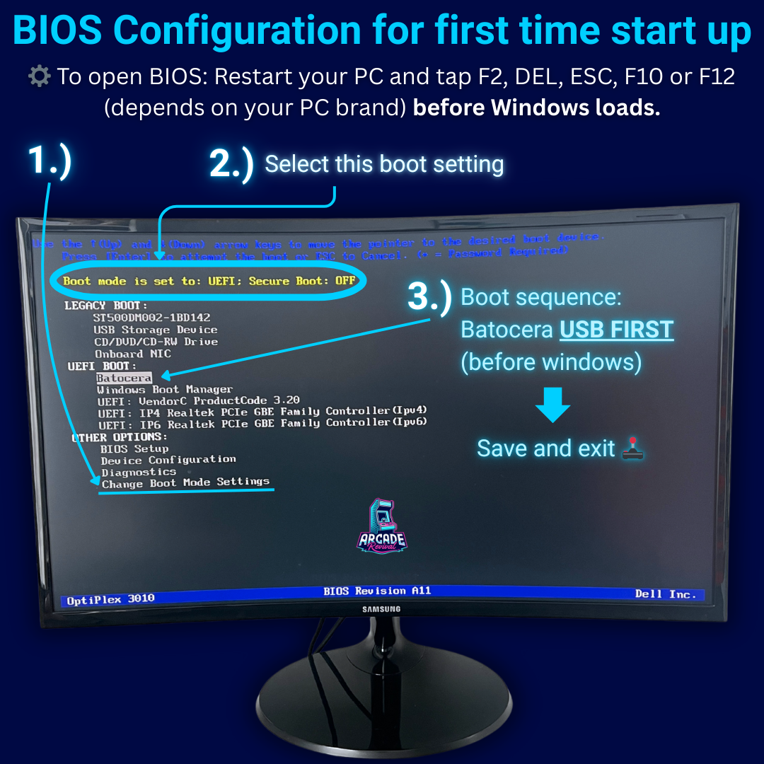 BIOS configuration guide showing how to set boot mode to UEFI with Secure Boot off and change boot sequence to load Batocera USB first before Windows.