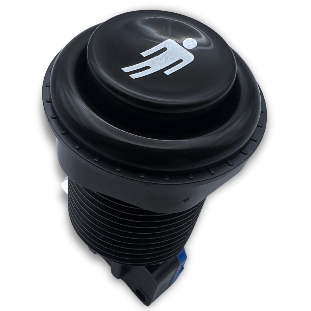 Angled top view of black 1 player arcade button with printed 1P icon