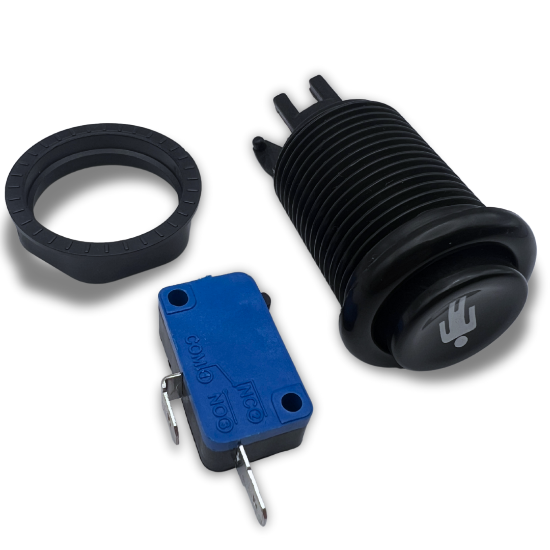 Black 1 player arcade button disassembled with microswitch and mounting ring
