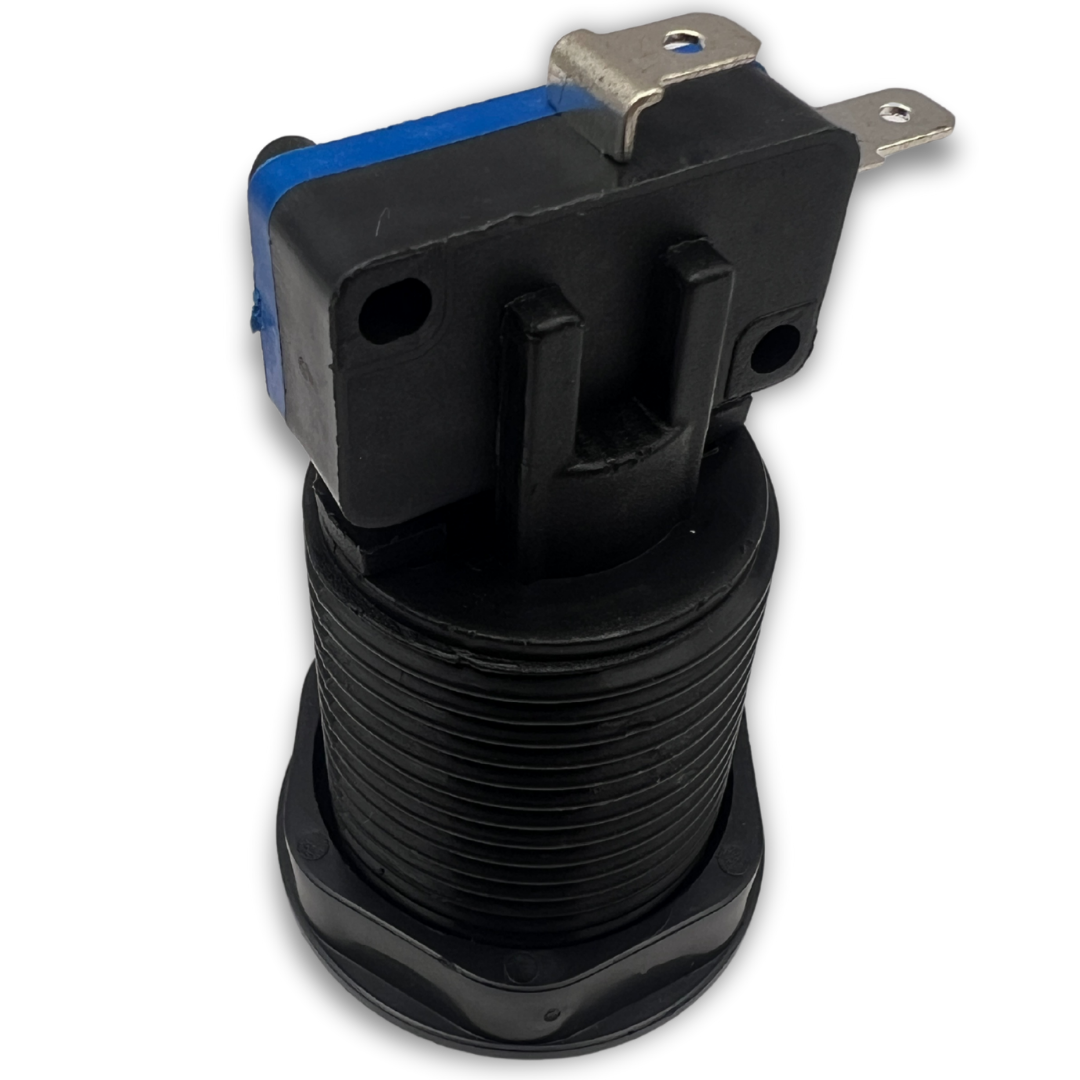 Black 1 player arcade button back view with microswitch attached