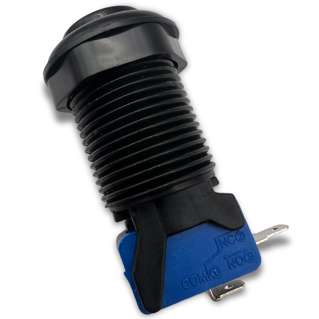 Microswitch side view attached to black 1 player arcade button