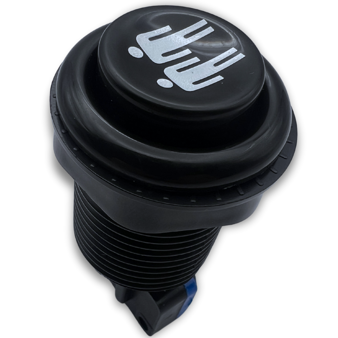 Angled top view of black 2 player arcade button with printed 2P icon