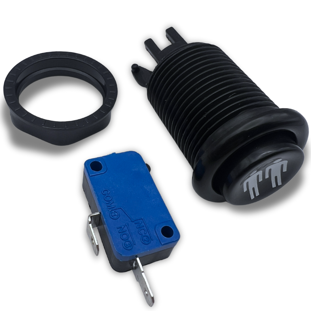 Black 2 player arcade button disassembled with microswitch and mounting ring