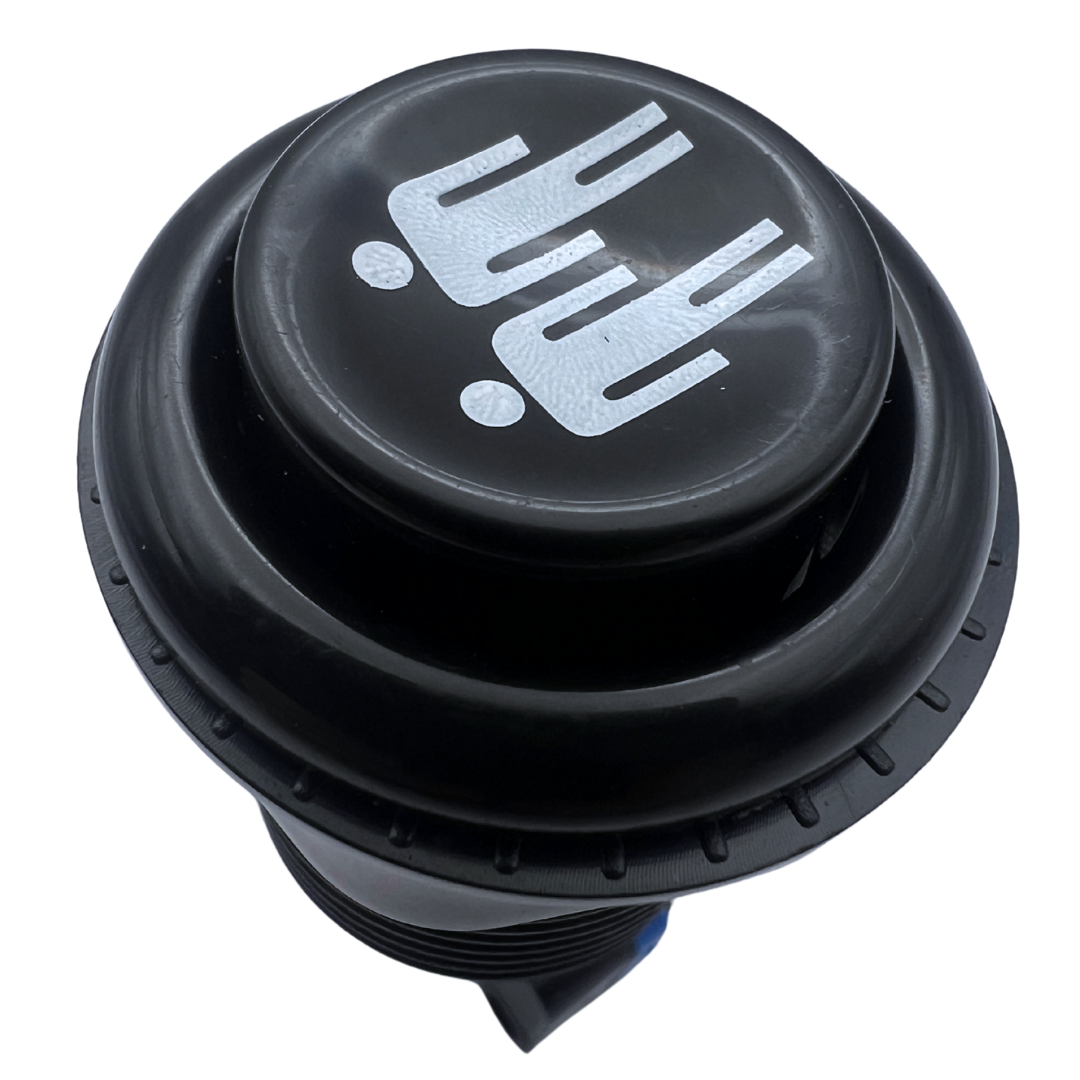 Top angled view of black 2 player arcade button with printed icon