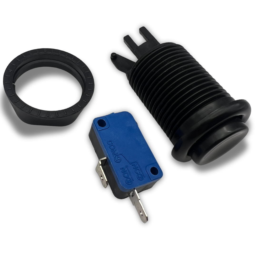 Disassembled black arcade button with parts