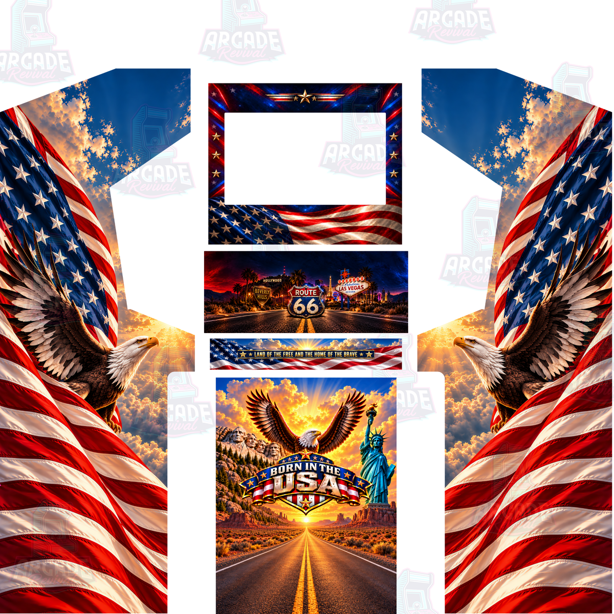 Born in the USA arcade cabinet wrap kit without marquee featuring bald eagle and American flag side art, stars and stripes bezel, Route 66 control panel and Statue of Liberty kick panel
