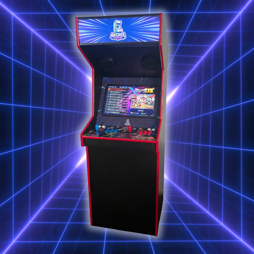 Fully custom build retro arcade machine in classic satin black with red t moulding showing game menu by Arcade Revival