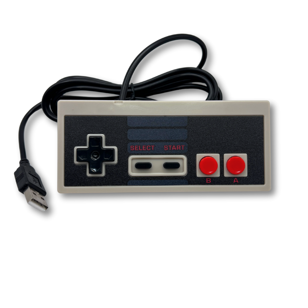 Top-down view of NES USB controller with wrapped cable, ideal for retro emulator gaming.