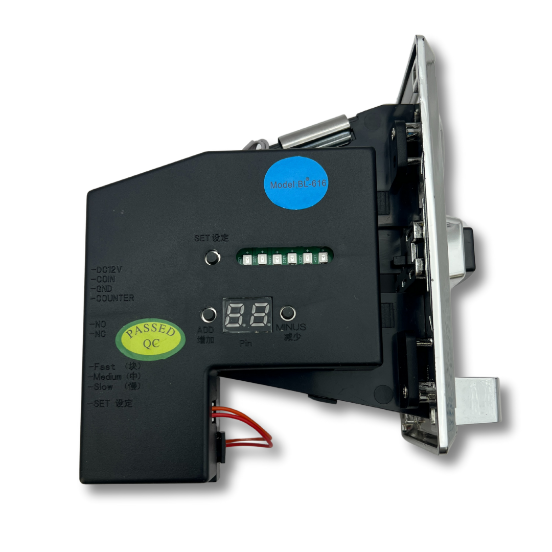 Rear view of arcade coin acceptor showing model BL-616 with DIP switches, 7-segment display, wiring labels, and settings interface