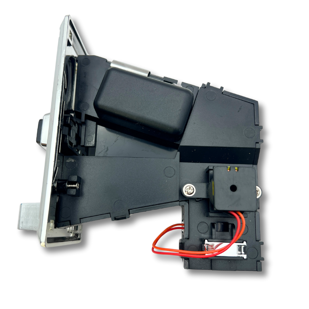 Side view of arcade coin acceptor showing internal wiring and mechanism housing